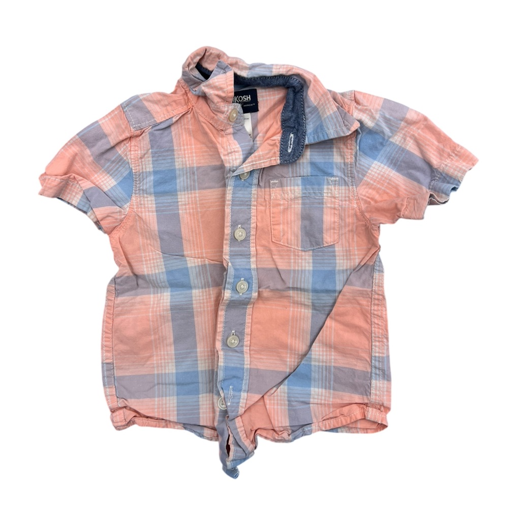 Osh Kosh B'Gosh Collared Button Up Short Sleeve Shirt Orange and Blue Plaid 2T